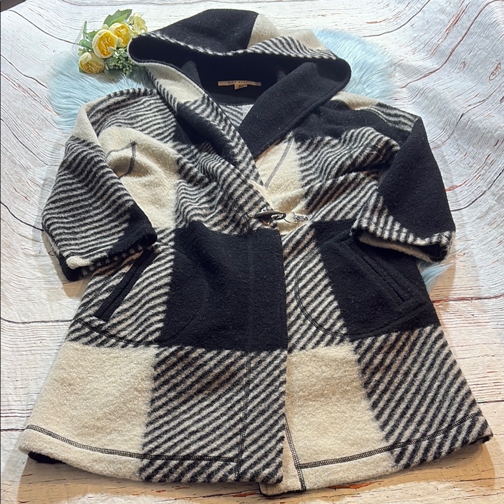 Max Studio Wool Blend Black White Pattern Hooded Sweater Jacket Cardigan sz S